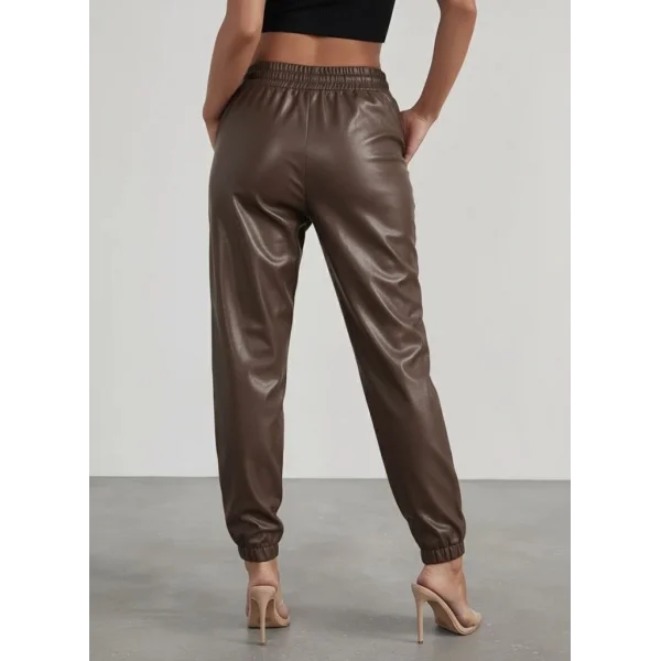 Kadın Yüksek Bel Lastikli önü Düğmeli Deri Pantolon