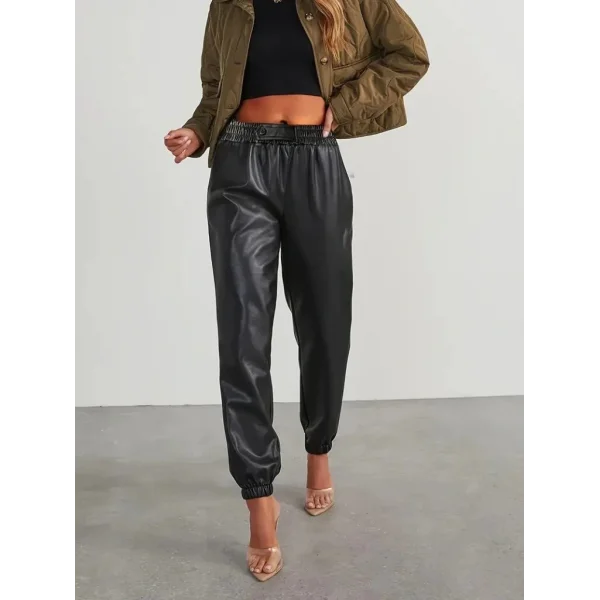 Kadın Yüksek Bel Lastikli önü Düğmeli Deri Pantolon