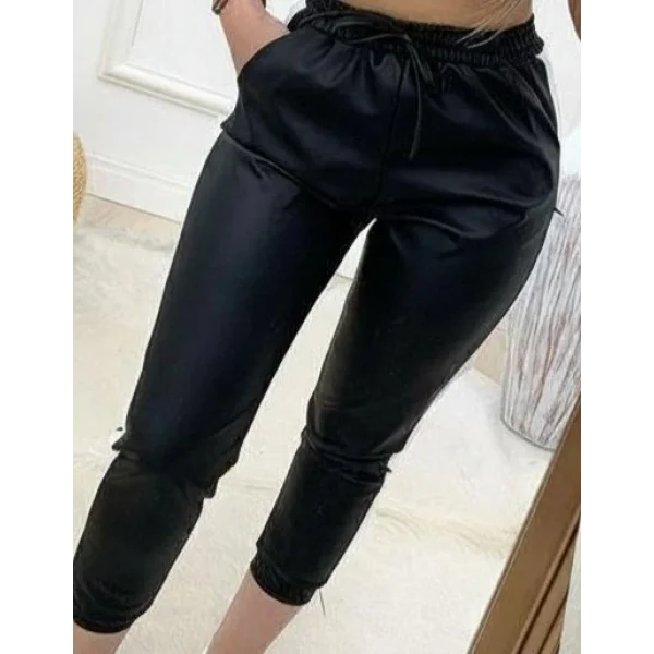 Kadın Yüksek Bel Lastikli Yan şerit Detaylı Deri Pantolon