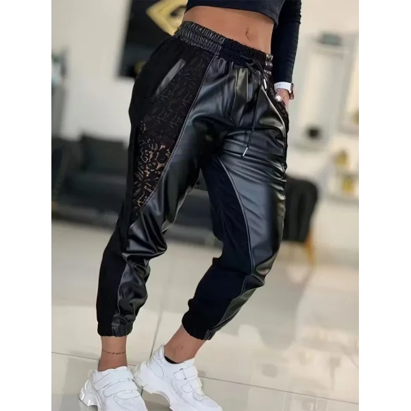 Kadın Yüksek Bel Lastikli Yanda Dantel Detaylı Bağcıklı Deri Pantolon