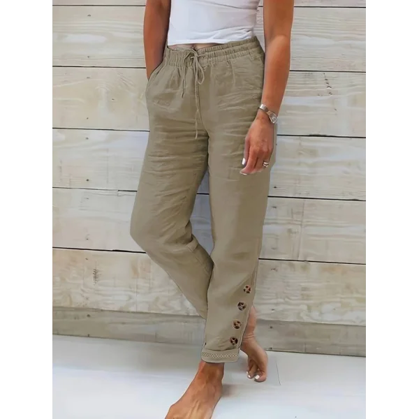Kadın Yüksek Bel Lastikli Yandan Düğmeli Ithal Keten Pantolon