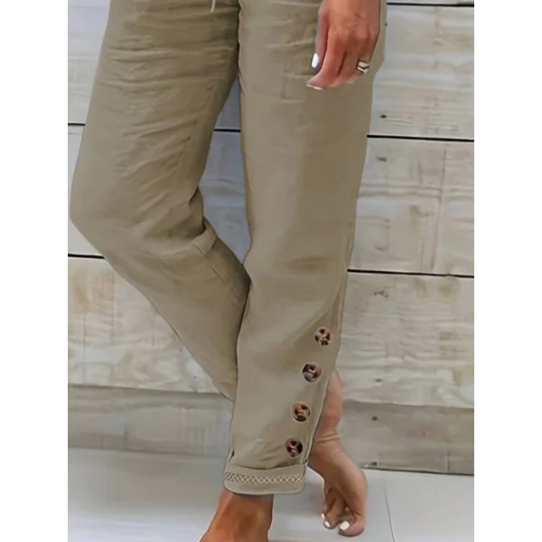 Kadın Yüksek Bel Lastikli Yandan Düğmeli Ithal Keten Pantolon