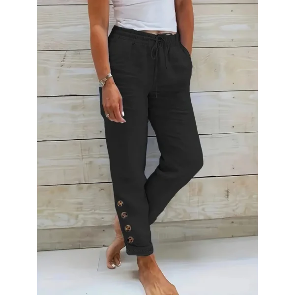 Kadın Yüksek Bel Lastikli Yandan Düğmeli Ithal Keten Pantolon