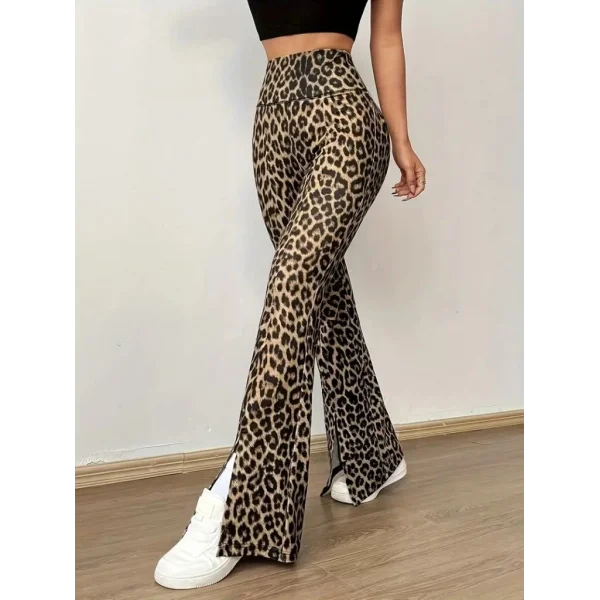 Kadın Yüksek Bel Leopar Desenli Yırtmaçlı Dalgıç Tayt