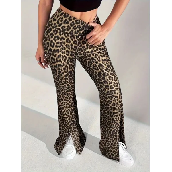 Kadın Yüksek Bel Leopar Desenli Yırtmaçlı Dalgıç Tayt