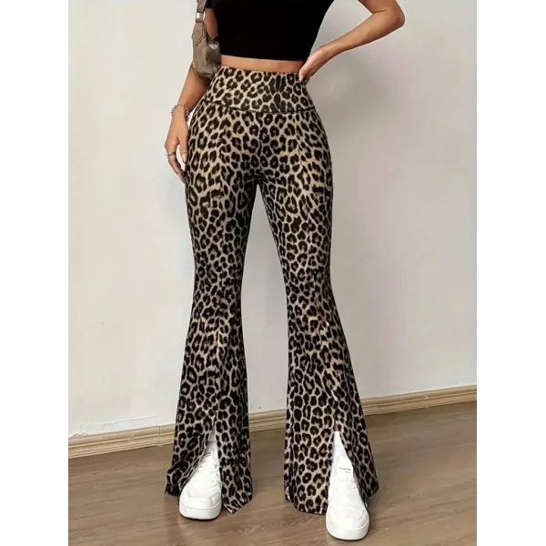 Kadın Yüksek Bel Leopar Desenli Yırtmaçlı Dalgıç Tayt