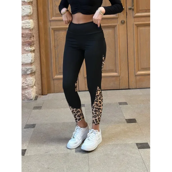 Kadın Yüksek Bel Leopar Detaylı Dalgıç Spor Tayt