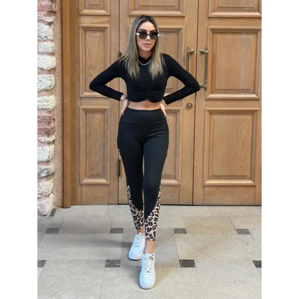 Kadın Yüksek Bel Leopar Detaylı Dalgıç Spor Tayt
