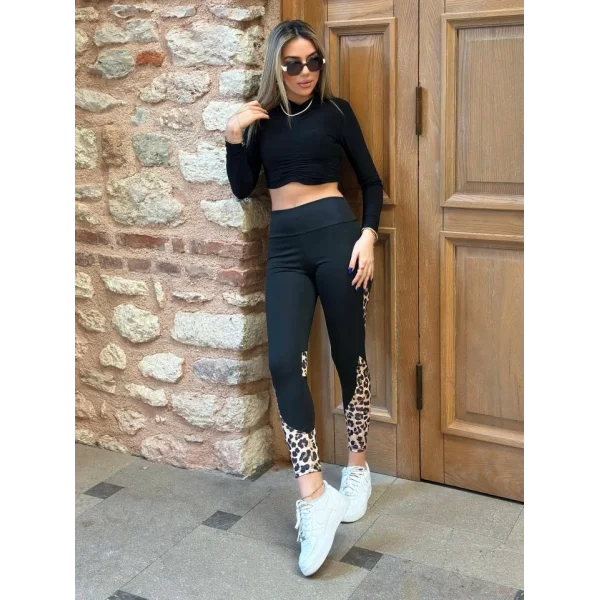 Kadın Yüksek Bel Leopar Detaylı Dalgıç Spor Tayt
