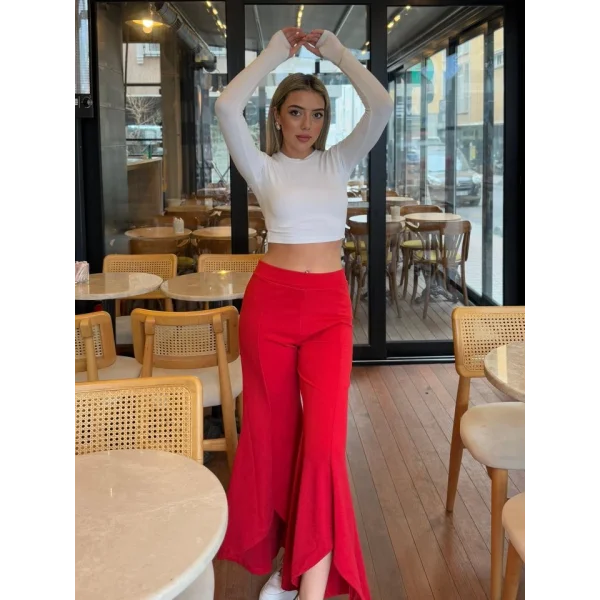 Kadın Yüksek Bel önden Arkaya Uzanan Volanlı Paçalı Janjan Krep Pantolon