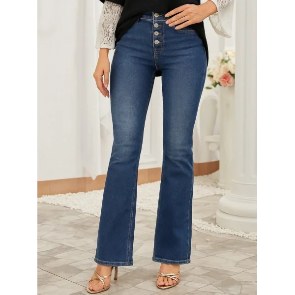 Kadın Yüksek Bel önden Düğmeli Cep Detay Ispanyol Paça Denim Pantolon