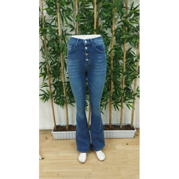 Kadın Yüksek Bel önden Düğmeli Cep Detay Ispanyol Paça Denim Pantolon