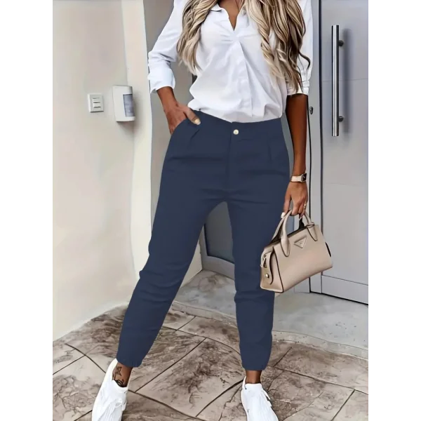 Kadın Yüksek Bel önden Düğmeli Cepli Bilek Lastik Detay Atlas Pantolon