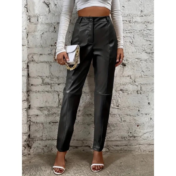 Kadın Yüksek Bel önden Düğmeli Deri Pantolon