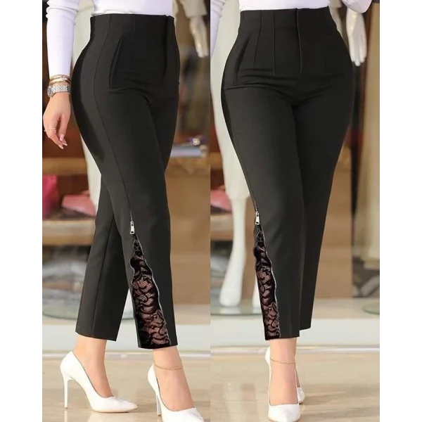 Kadın Yüksek Bel önden Nervürlü Ve Fermuarlı Yandan Dantelli Ithal Krep Pantolon