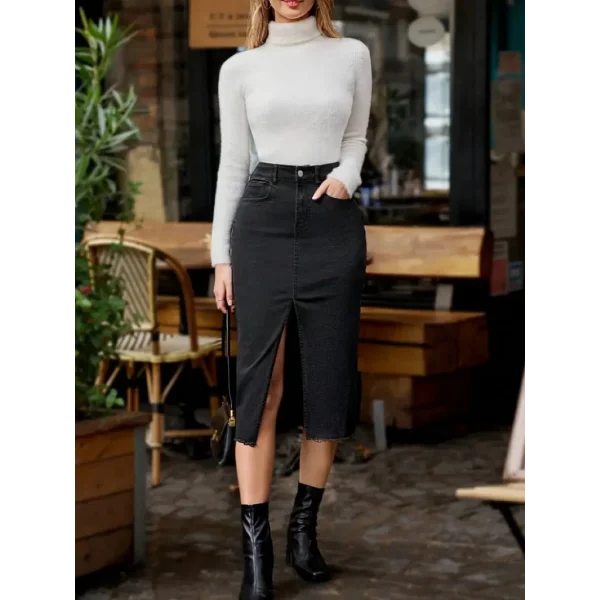 Kadın Yüksek Bel önden Yırtmaçlı Cepli idi Kot Etek