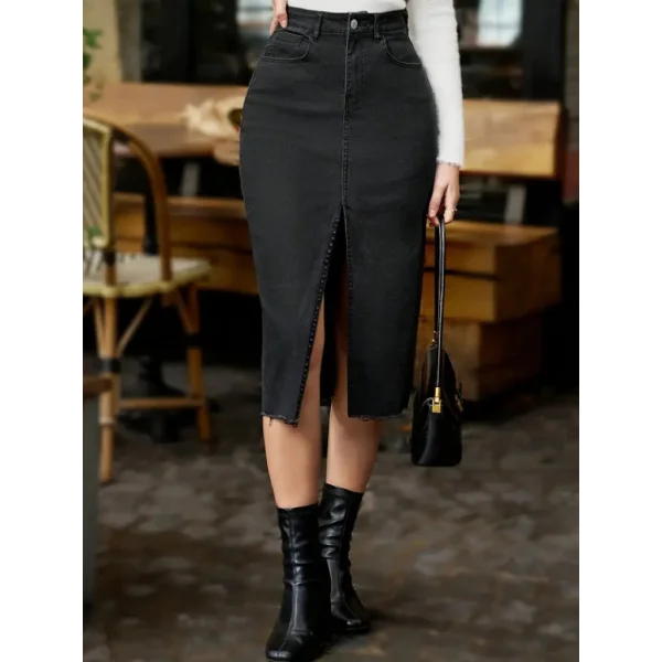 Kadın Yüksek Bel önden Yırtmaçlı Cepli idi Kot Etek