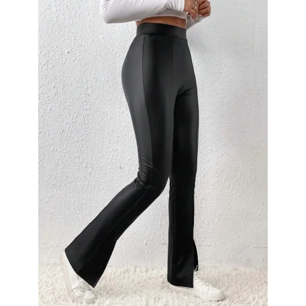 Kadın Yüksek Bel önden Yırtmaçlı Deri Tayt