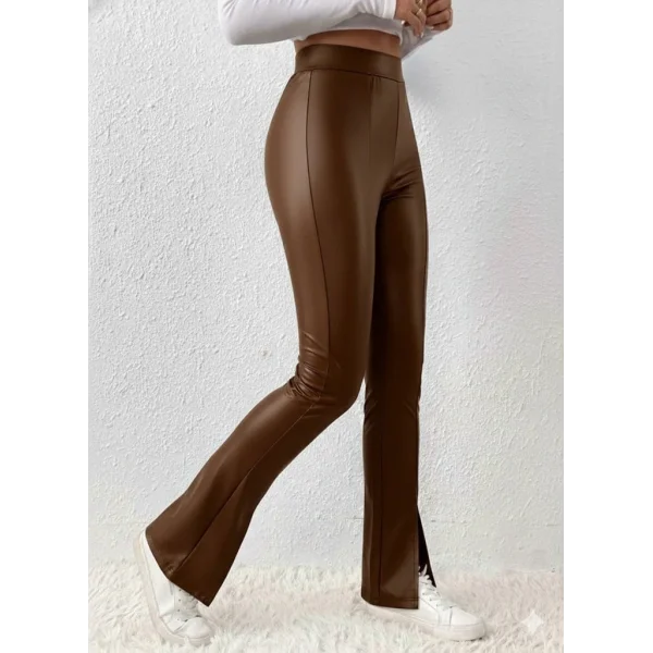 Kadın Yüksek Bel önden Yırtmaçlı Deri Tayt