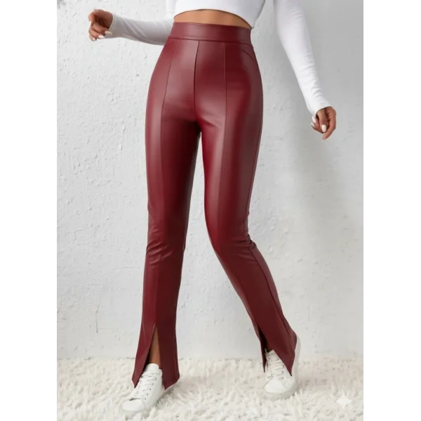 Kadın Yüksek Bel önden Yırtmaçlı Deri Tayt