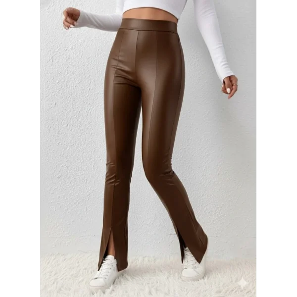 Kadın Yüksek Bel önden Yırtmaçlı Deri Tayt