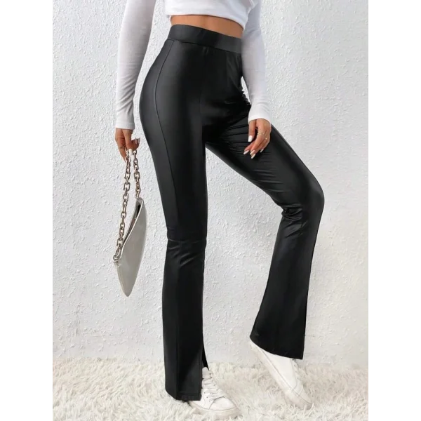 Kadın Yüksek Bel önden Yırtmaçlı Deri Tayt