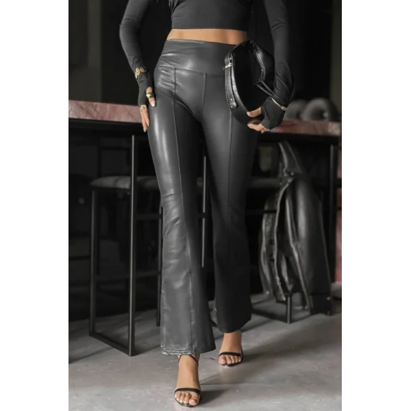 Kadın Yüksek Bel Paçaya Doğru Geniş Deri Pantolon