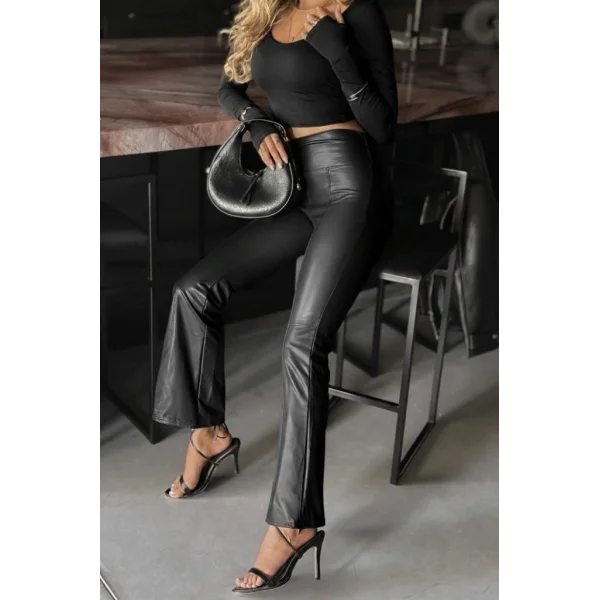 Kadın Yüksek Bel Paçaya Doğru Geniş Deri Pantolon