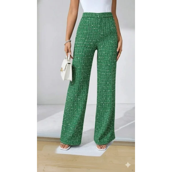 Kadın Yüksek Bel Paçaya Doğru Geniş Dokuma Pantolon