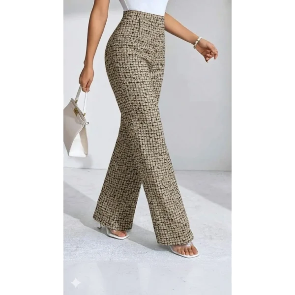 Kadın Yüksek Bel Paçaya Doğru Geniş Dokuma Pantolon
