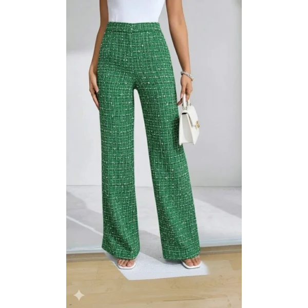 Kadın Yüksek Bel Paçaya Doğru Geniş Dokuma Pantolon