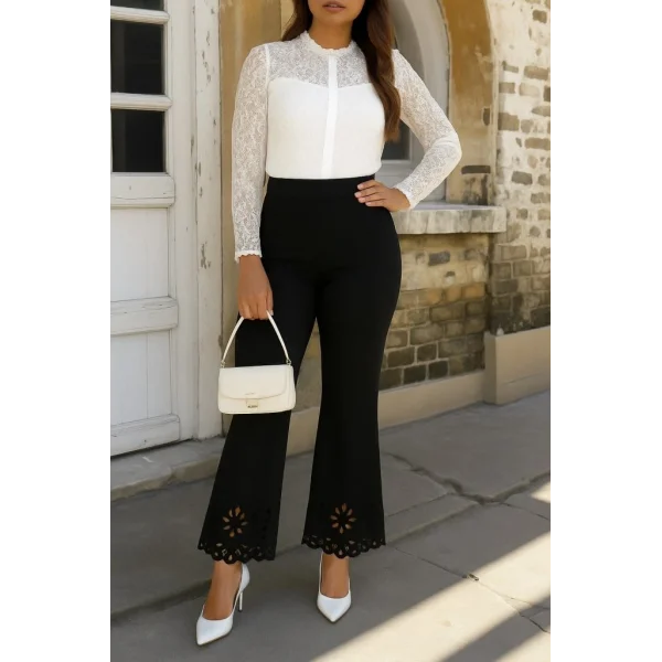 Kadın Yüksek Bel Paçaya Doğru Genişleyen Lazer çiçek Kesim Detaylı Ithal Krep Pantolon
