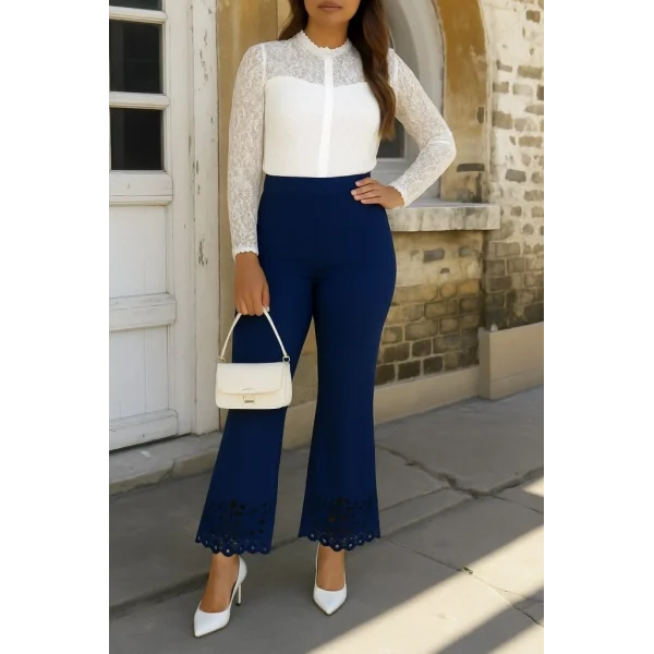 Kadın Yüksek Bel Paçaya Doğru Genişleyen Lazer çiçek Kesim Detaylı Ithal Krep Pantolon