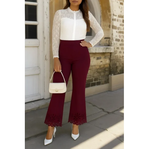 Kadın Yüksek Bel Paçaya Doğru Genişleyen Lazer çiçek Kesim Detaylı Ithal Krep Pantolon