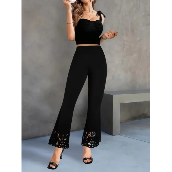 Kadın Yüksek Bel Paçaya Doğru Genişleyen Lazer çiçek Kesim Detaylı Ithal Krep Pantolon