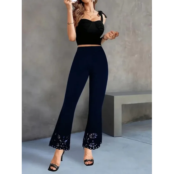 Kadın Yüksek Bel Paçaya Doğru Genişleyen Lazer çiçek Kesim Detaylı Ithal Krep Pantolon