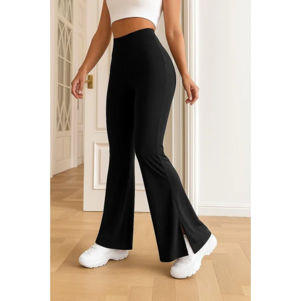 Kadın Yüksek Bel Paçaya Doğru Genişleyen Yandan Yırtmaçlı Dalgıç Pantolon