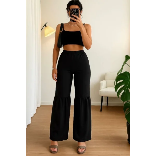 Kadın Yüksek Bel Parça Detay Bol Paça Pantolon