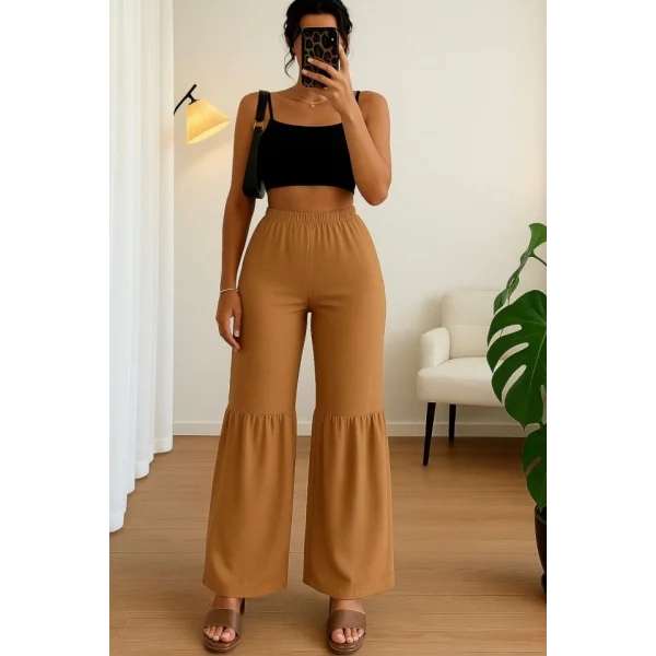 Kadın Yüksek Bel Parça Detay Bol Paça Pantolon