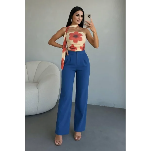 Kadın Yüksek Bel Plise Detay Bol Paça Pantolon