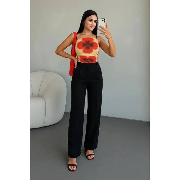 Kadın Yüksek Bel Plise Detay Bol Paça Pantolon