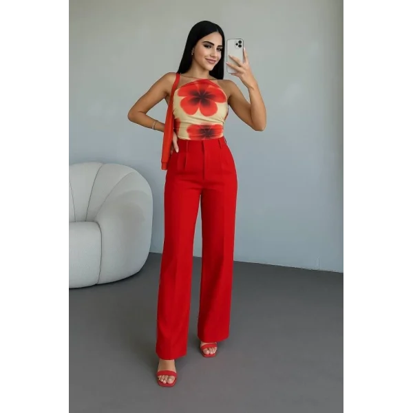 Kadın Yüksek Bel Plise Detay Bol Paça Pantolon