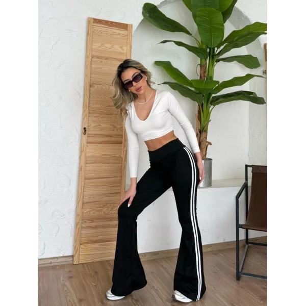 Kadın Yüksek Bel şerit Detaylı Ispanyol Paçalı Dalgıç Pantolon