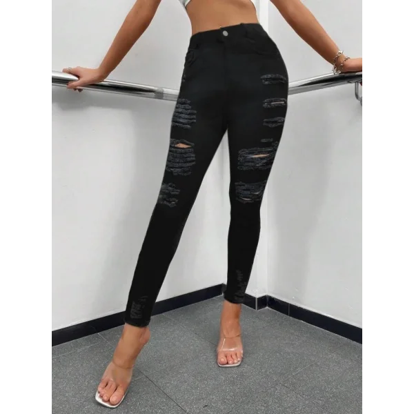 Kadın Yüksek Bel Slim Fit azer Kesim Yırtık Detaylı Kot Pantolon/ Jean