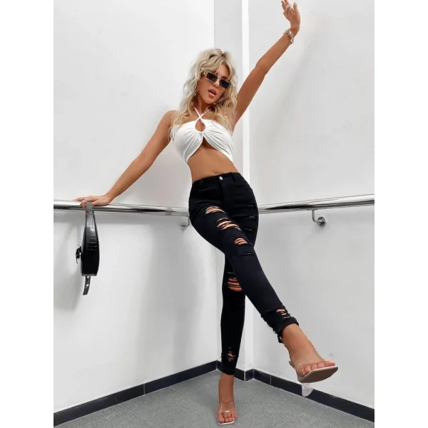 Kadın Yüksek Bel Slim Fit Lazer Kesim Yırtık Pantolon