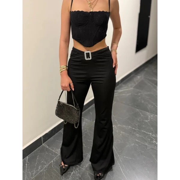 Kadın Yüksek Bel Tokalı Ispanyol Paçalı Dalgıç Pantolon