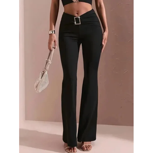 Kadın Yüksek Bel Tokalı Ispanyol Paçalı Dalgıç Pantolon