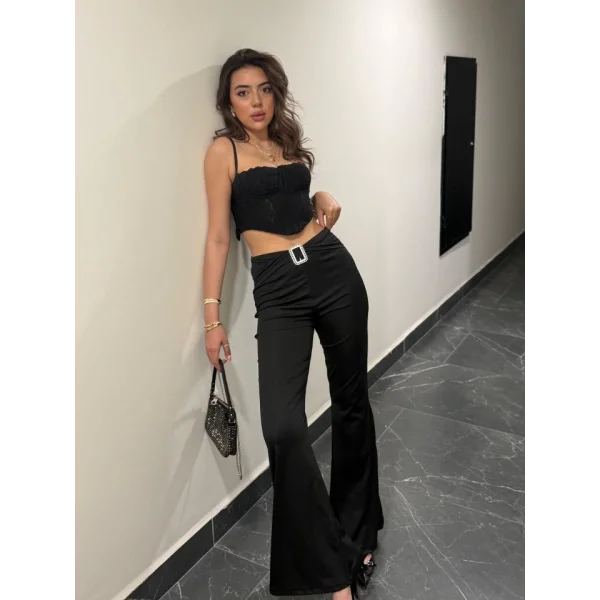 Kadın Yüksek Bel Tokalı Ispanyol Paçalı Dalgıç Pantolon