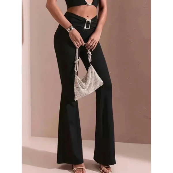 Kadın Yüksek Bel Tokalı Ispanyol Paçalı Dalgıç Pantolon