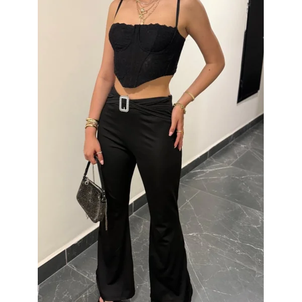 Kadın Yüksek Bel Tokalı Ispanyol Paçalı Dalgıç Pantolon